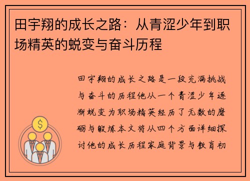 田宇翔的成长之路：从青涩少年到职场精英的蜕变与奋斗历程